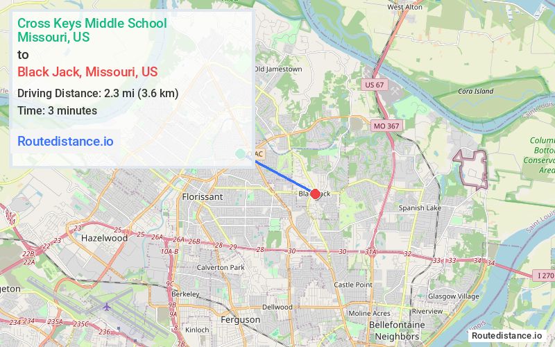 Route map from Cross Keys Middle School to Black Jack