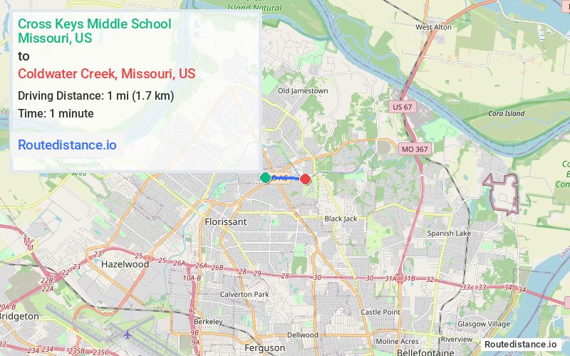 Route map from Cross Keys Middle School to Coldwater Creek
