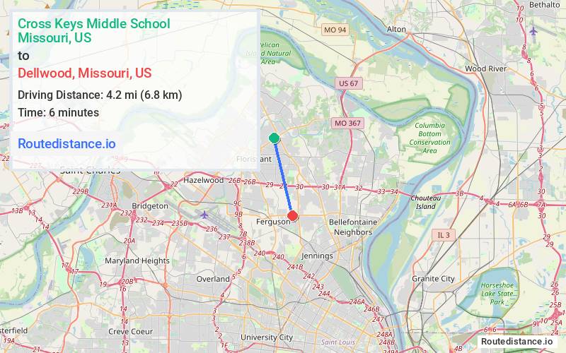 Route map from Cross Keys Middle School to Dellwood