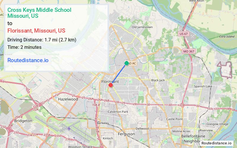 Route map from Cross Keys Middle School to Florissant