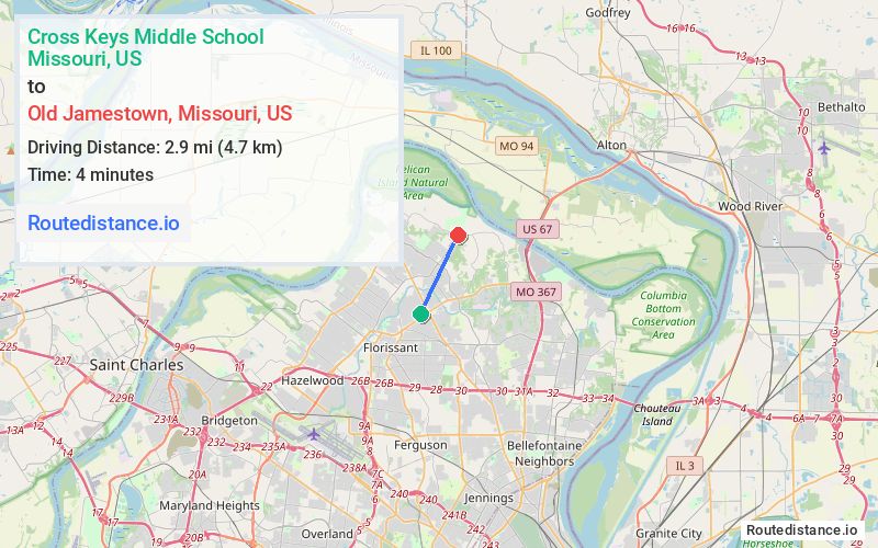 Route map from Cross Keys Middle School to Old Jamestown