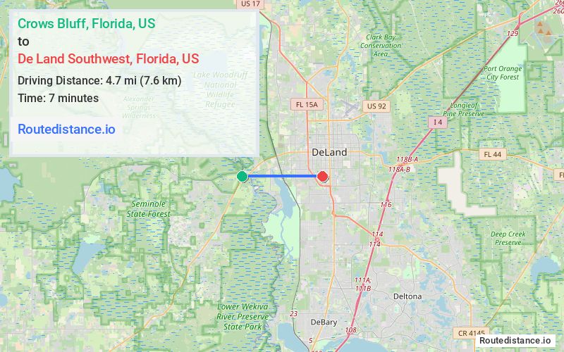 Route map from Crows Bluff to De Land Southwest