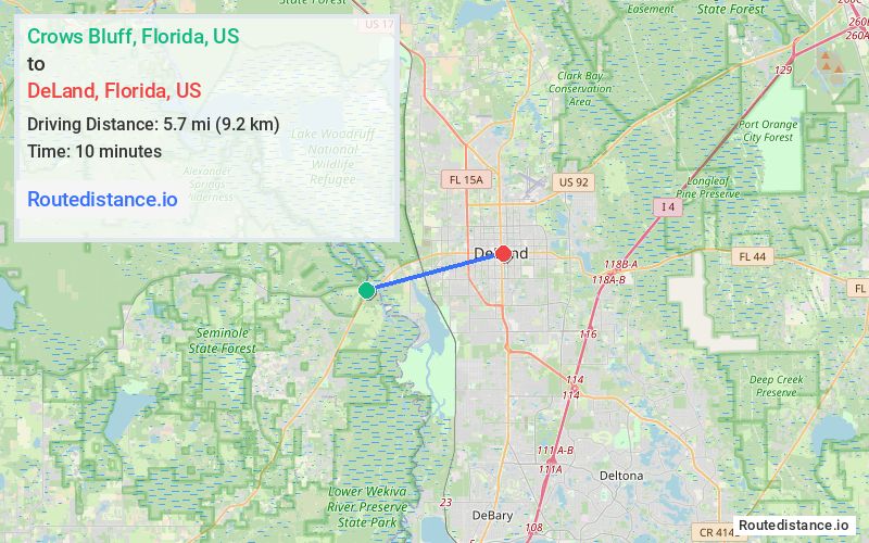 Route map from Crows Bluff to DeLand