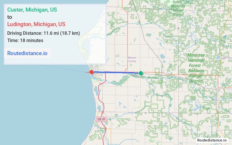 Route map from Custer to Ludington