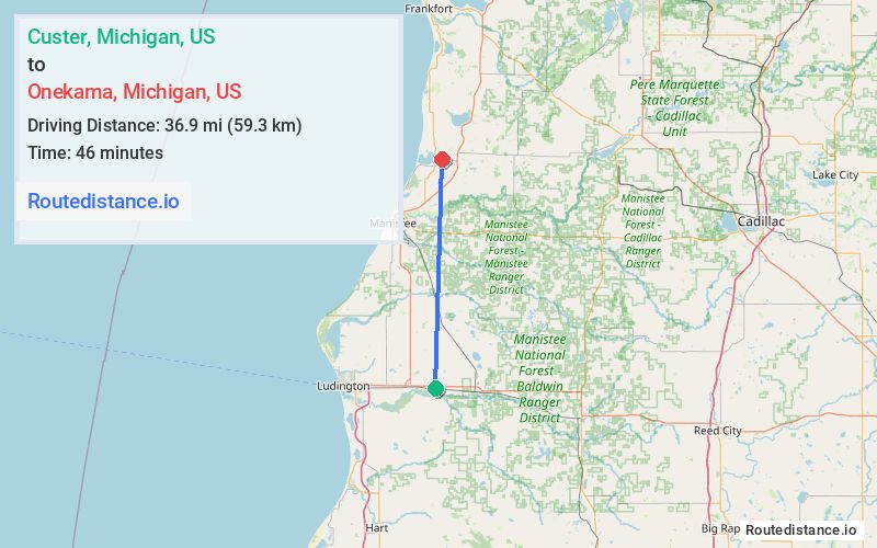 Route map from Custer to Onekama