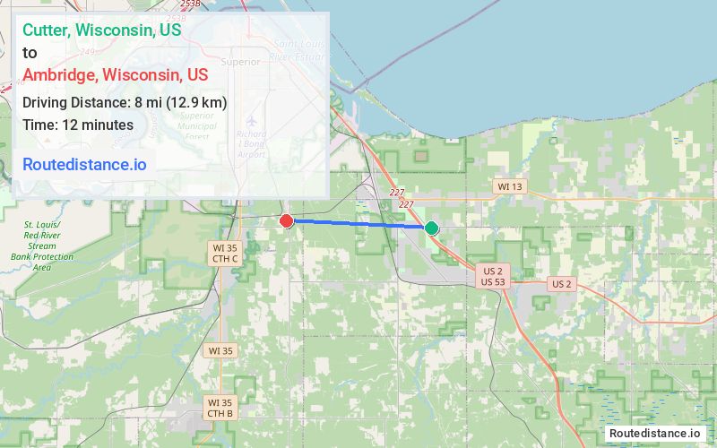 Route map from Cutter to Ambridge