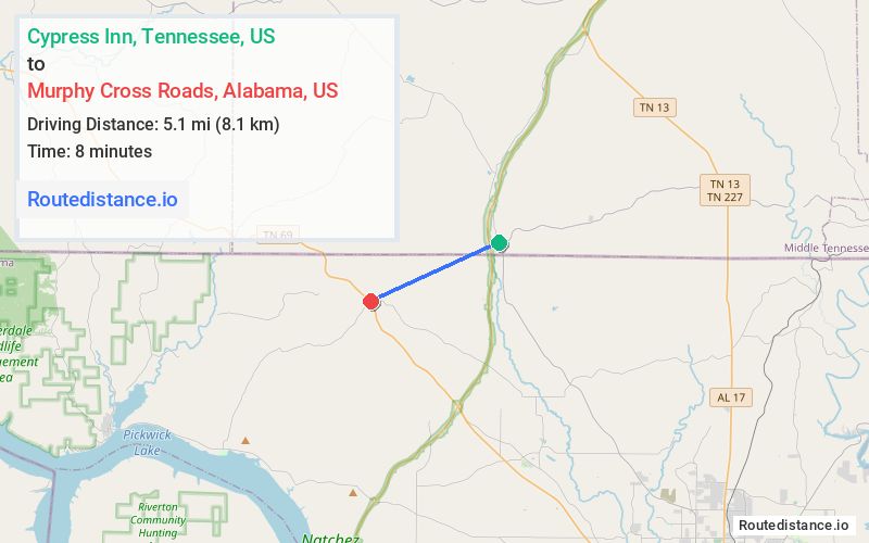 Route map from Cypress Inn to Murphy Cross Roads
