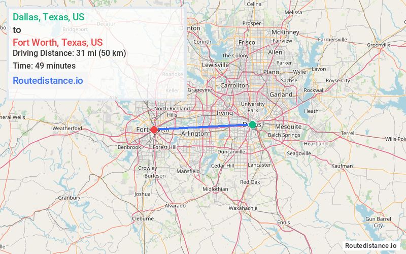 Route map from Dallas to Fort Worth