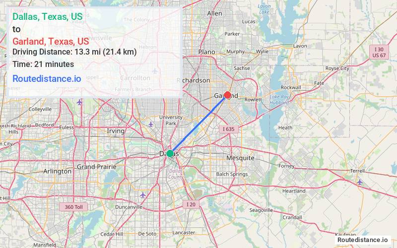 Route map from Dallas to Garland
