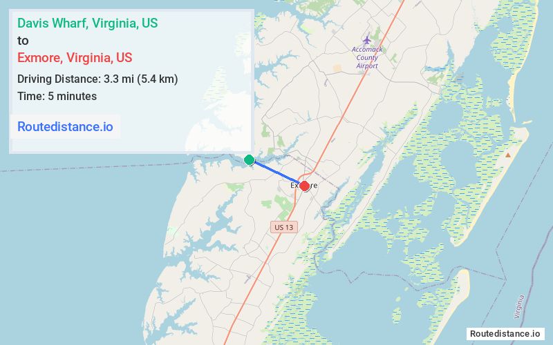 Route map from Davis Wharf to Exmore