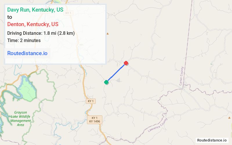 Route map from Davy Run to Denton