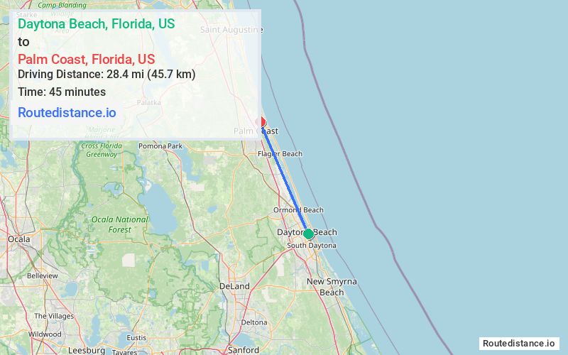 Route map from Daytona Beach to Palm Coast