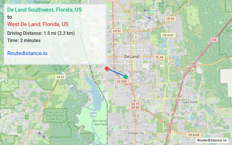 Route map from De Land Southwest to West De Land