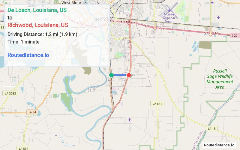 Route map from De Loach to Richwood