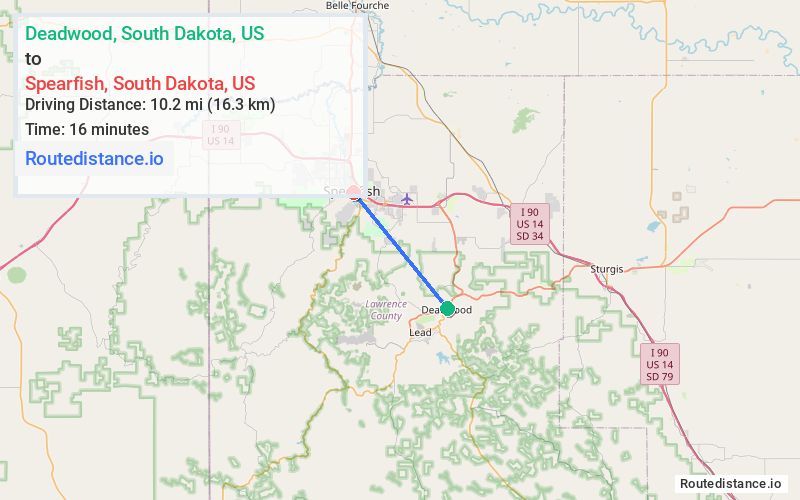 Route map from Deadwood to Spearfish