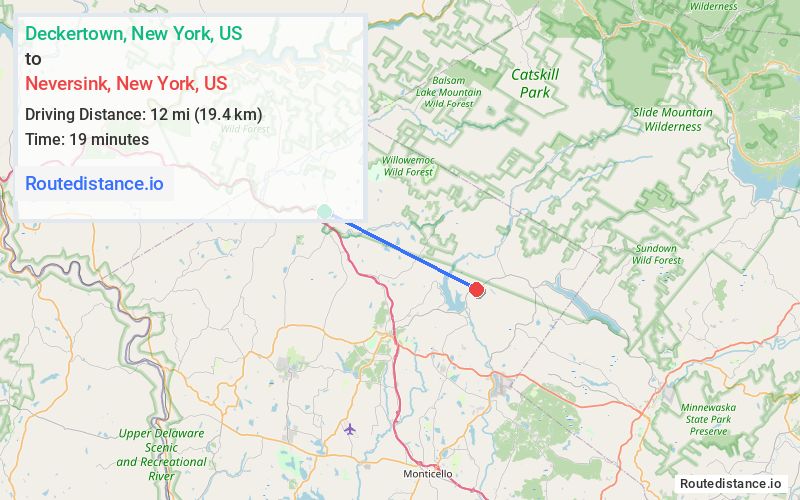 Route map from Deckertown to Neversink