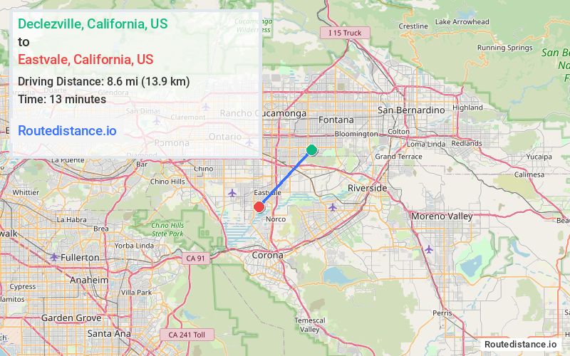 Route map from Declezville to Eastvale