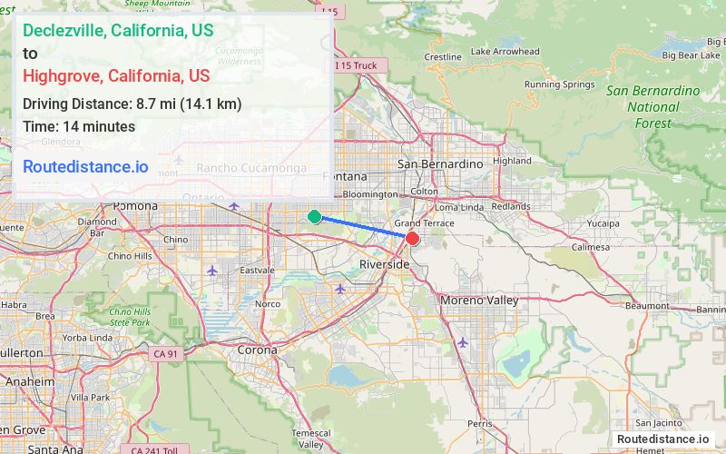 Route map from Declezville to Highgrove