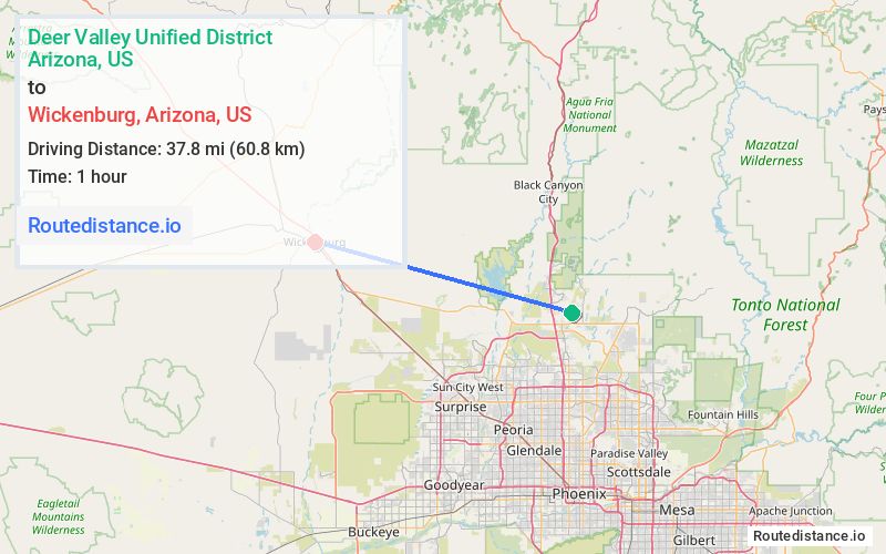Route map from Deer Valley Unified District to Wickenburg