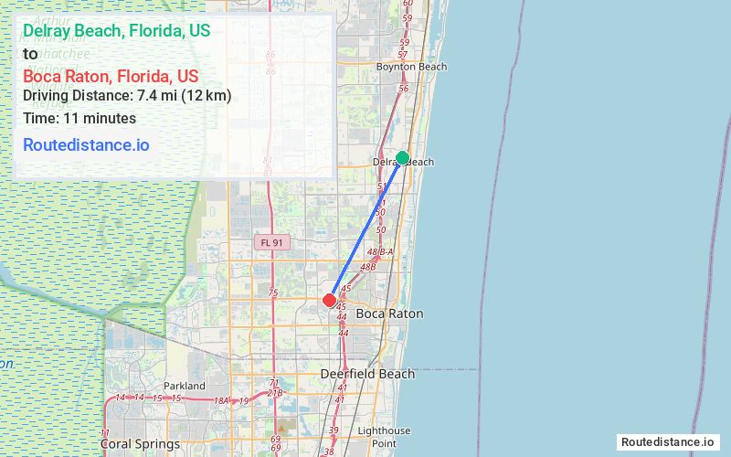 Route map from Delray Beach to Boca Raton
