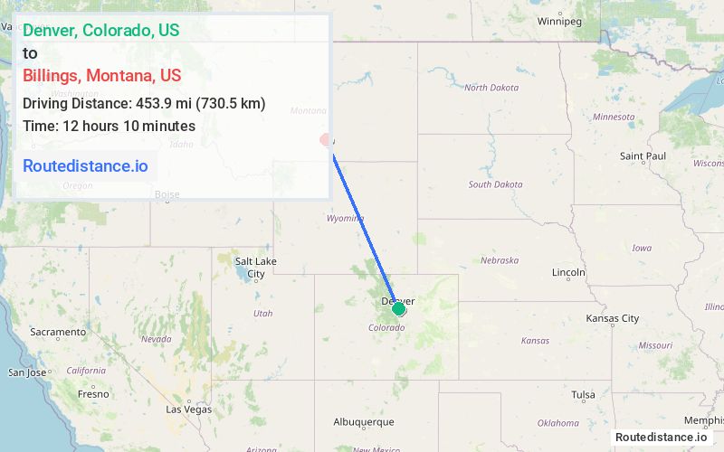 Route map from Denver to Billings
