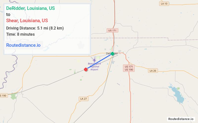 Route map from DeRidder to Shear