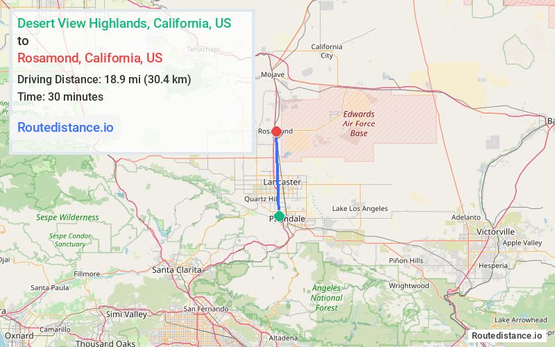 Route map from Desert View Highlands to Rosamond