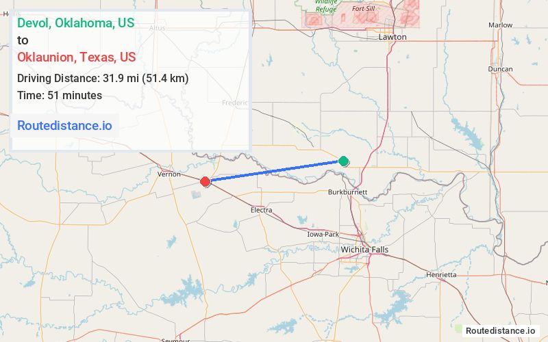 Route map from Devol to Oklaunion