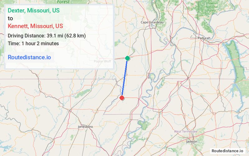 Route map from Dexter to Kennett