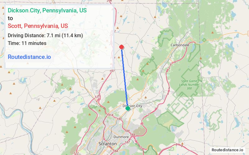 Route map from Dickson City to Scott