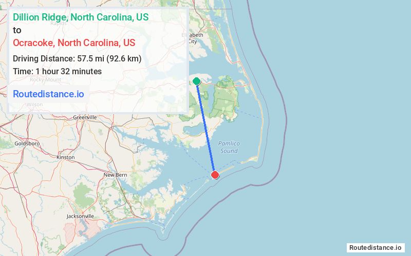 Route map from Dillion Ridge to Ocracoke