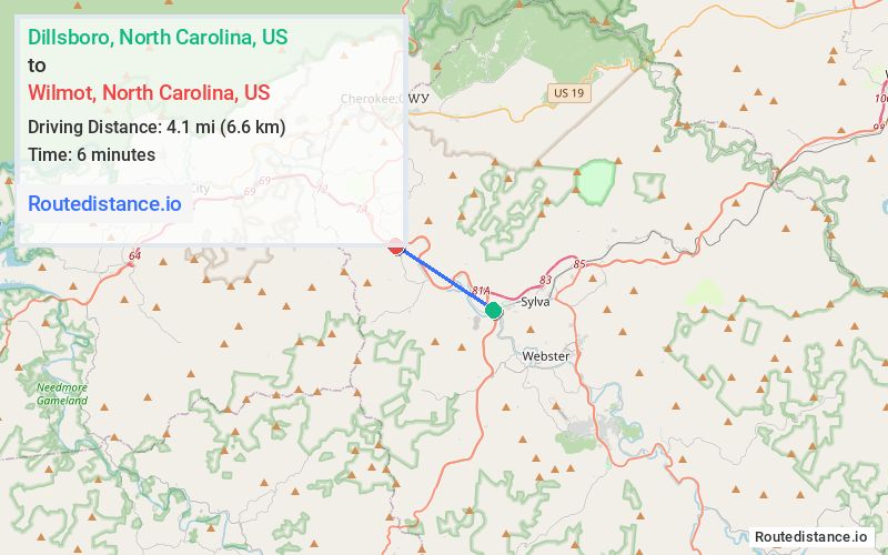 Route map from Dillsboro to Wilmot