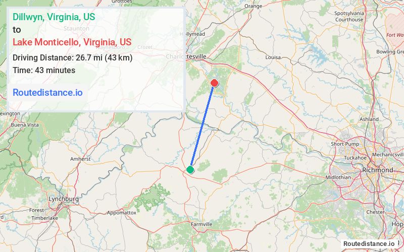 Route map from Dillwyn to Lake Monticello