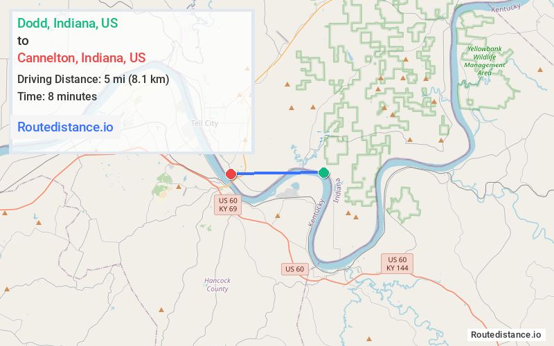 Route map from Dodd to Cannelton