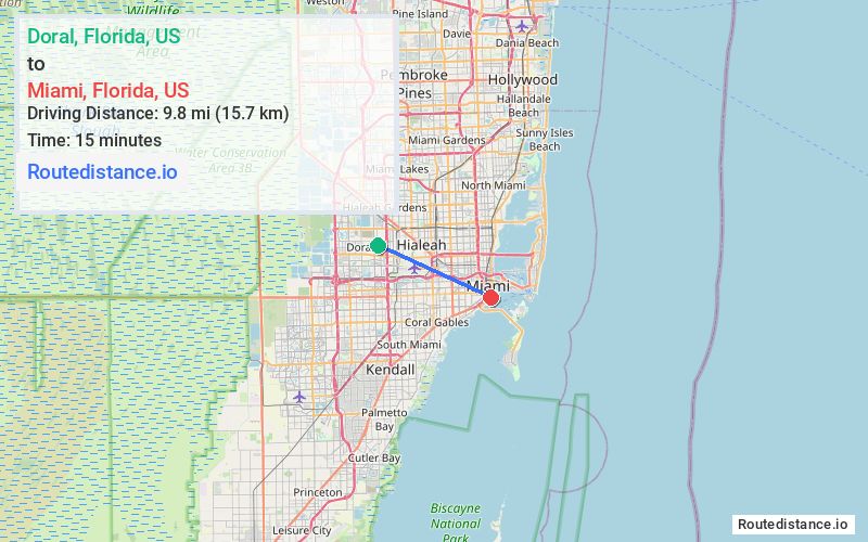 Distance from Doral to Miami
