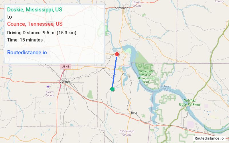 Route map from Doskie to Counce