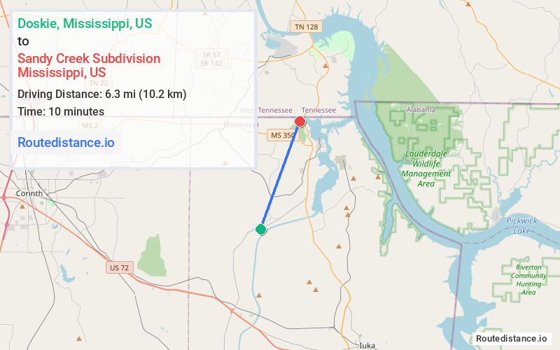 Route map from Doskie to Sandy Creek Subdivision