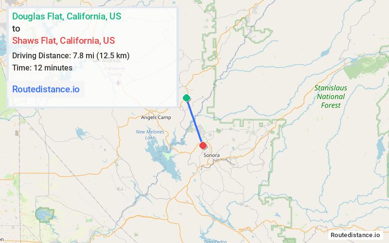 Route map from Douglas Flat to Shaws Flat