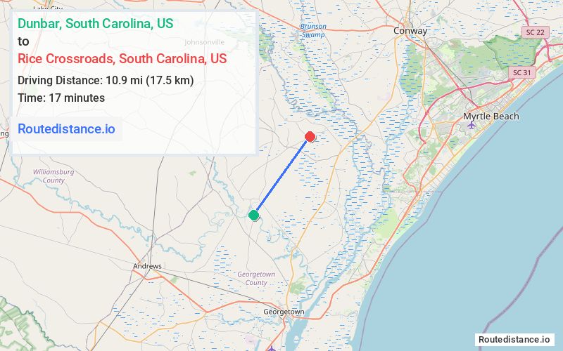 Route map from Dunbar to Rice Crossroads