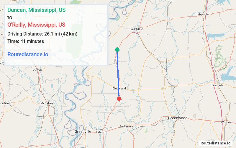 Route map from Duncan to O'Reilly