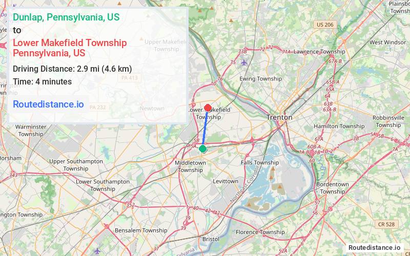 Route map from Dunlap to Lower Makefield Township