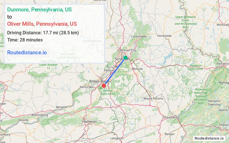 Route map from Dunmore to Oliver Mills