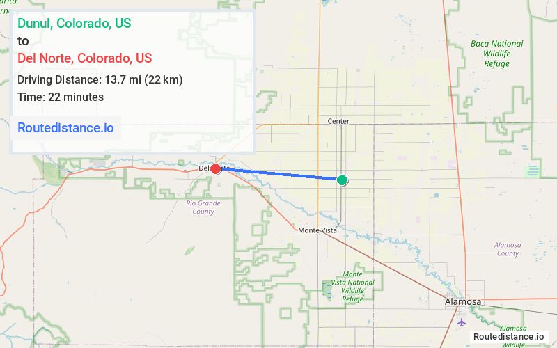 Distance from Dunul to Del Norte