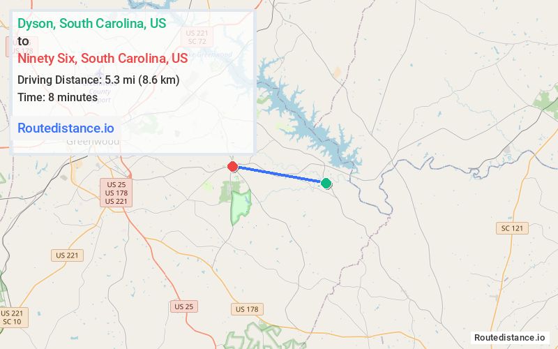 Route map from Dyson to Ninety Six