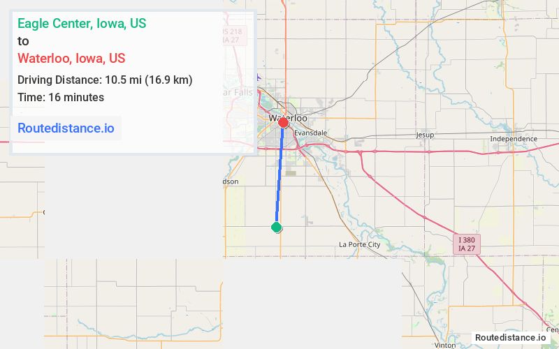 Route map from Eagle Center to Waterloo