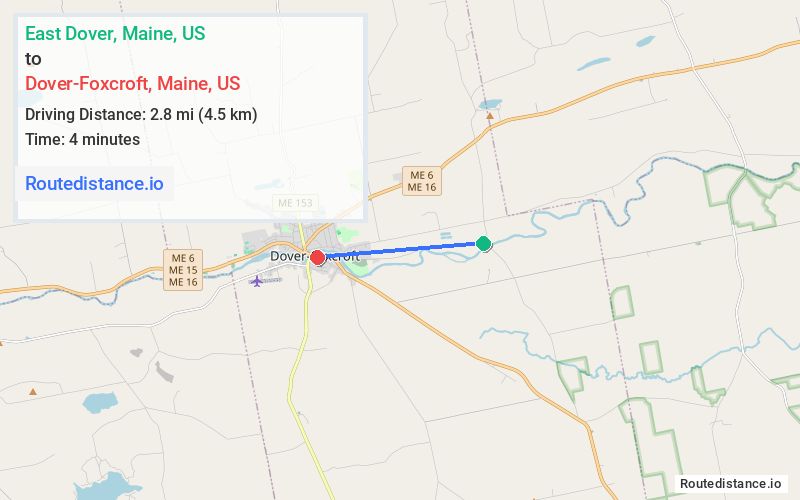 Route map from East Dover to Dover-Foxcroft