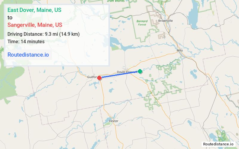Route map from East Dover to Sangerville