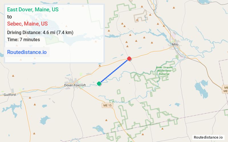 Route map from East Dover to Sebec