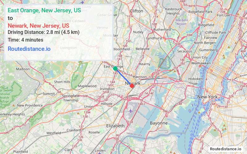 Distance from East Orange to Newark