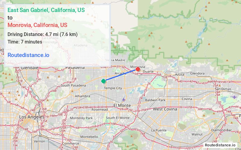 Route map from East San Gabriel to Monrovia